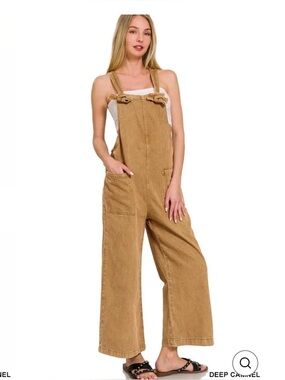 NWT Zenana Vintage-Washed Knot Strap Wide-Leg Overalls
